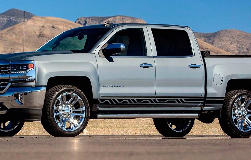 Chevrolet Silverado mk3 zijstrepen graphics sticker sticker deurpaneel zwart vinyl

