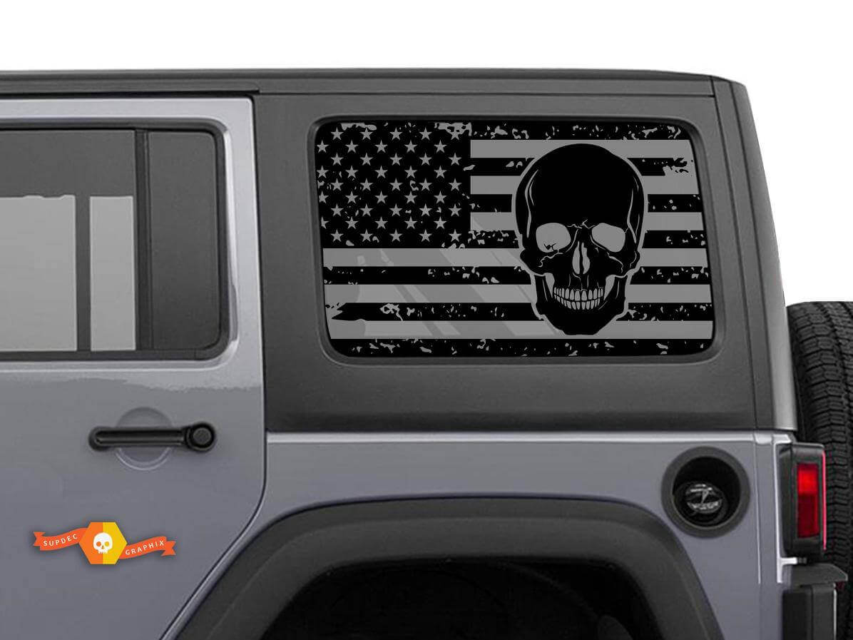 Beschadigde USA Vlag Skull Zijruit Vinyl Decal Set voor Jeep Wrangler Hardtop
