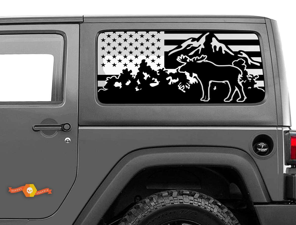 USA vlag Moose Mountain sticker voor Jeep Wrangler hardtop achterruit
