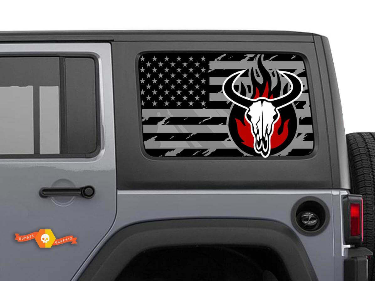 Versleten USA-vlag stierenschedel zijraam vinylsticker set voor Jeep Wrangler Hardtop