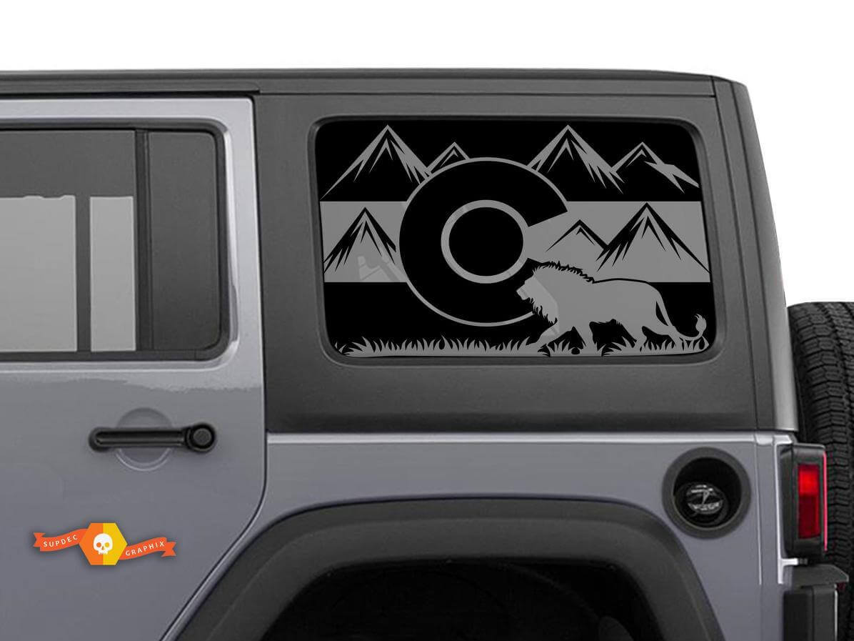 Vlag van Colorado met Lion Jeep Wrangler Rubicon Hardtop zijraamstickers
