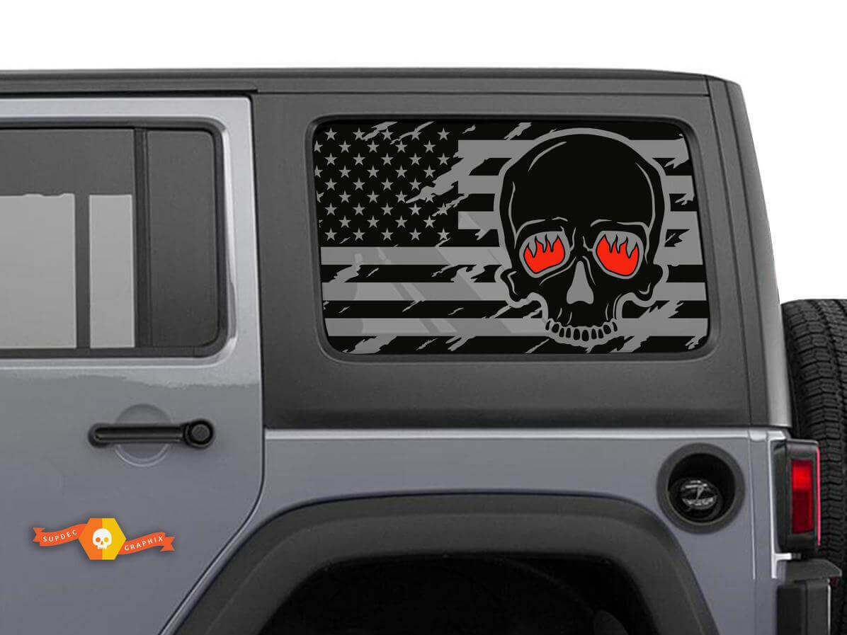USA Vlag Schedel Brandende Ogen Zijruit Vinyl Stickers voor Jeep Wrangler Hardtop