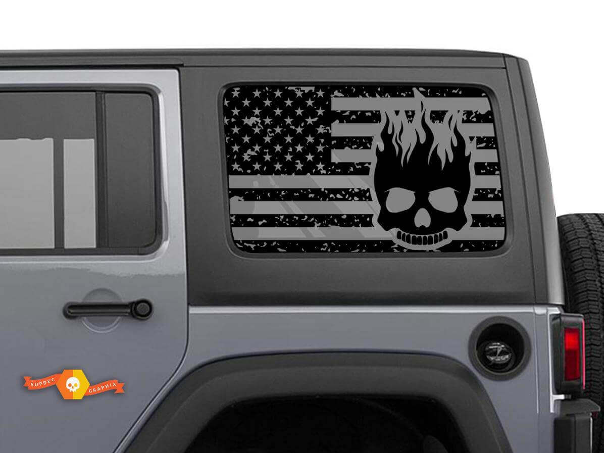 USA-vlag Vlammen Doodskop Zijraam Vinyl Stickerset voor Jeep Wrangler Hardtop