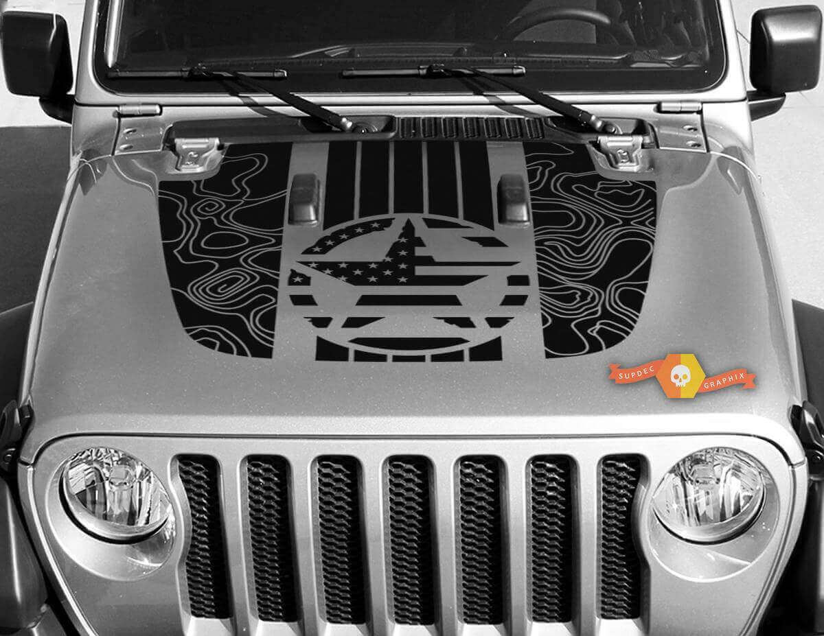 USA Vlag Ster Topografische Kaart Motorkap Vinyl Decal Sticker Kit voor Jeep Gladiator Wrangler