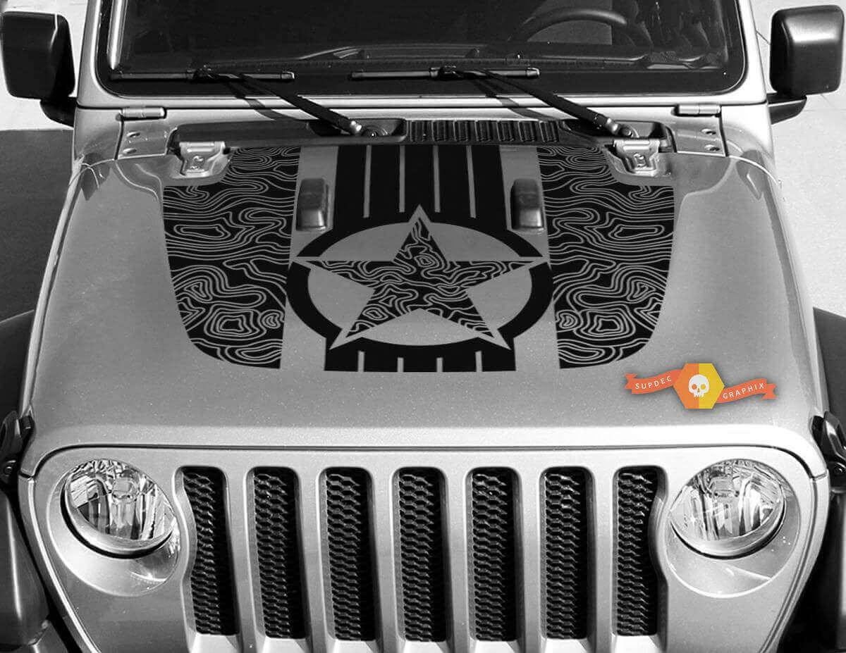 Military Star Topografische Kaart Motorkap Vinyl Decal voor Jeep Wrangler en Gladiator