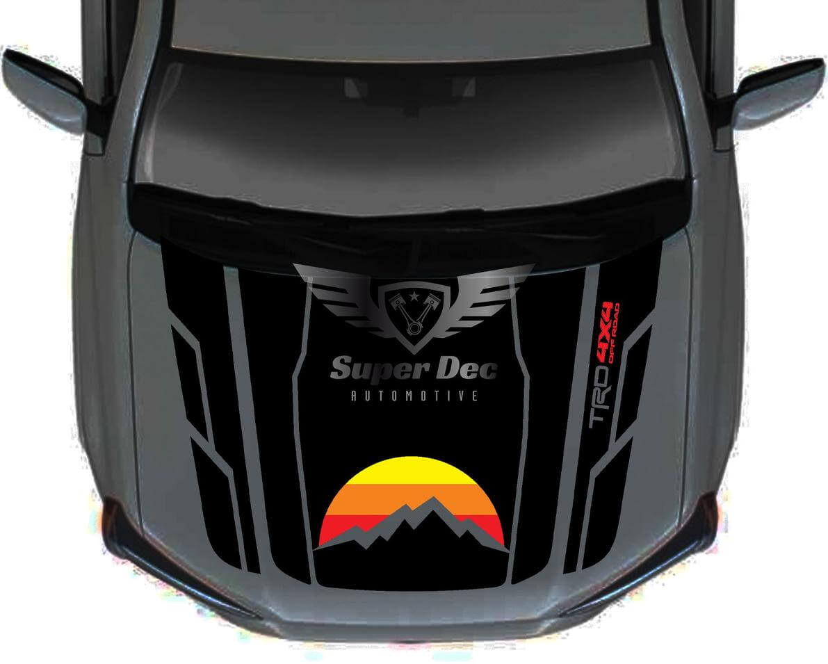 Mountain Sunset Retro Motorkap Strepen Vinyl Sticker voor Toyota 4Runner 5e Generatie Geen Luchtinlaat