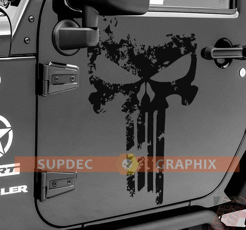 Punisher Skull Versleten Deur Vinyl Decal Set voor Jeep Wrangler