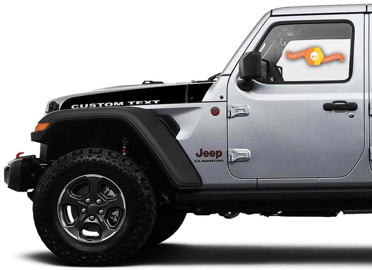 Custom Text Motorkap Sierstrip Vinyl Decal Paar voor Jeep Wrangler en Gladiator