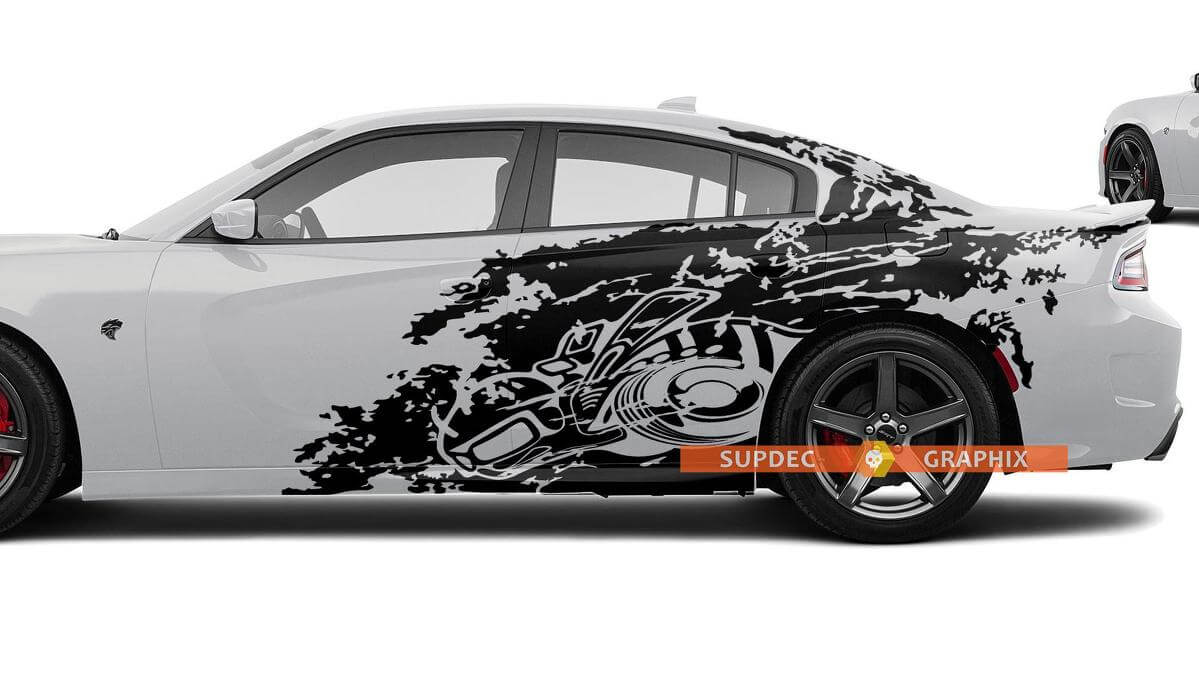Dodge Challenger Charger Super Bee stijl Splash Grunge strepen Kit Hell Cat Vinyl Sticker sticker afbeelding

