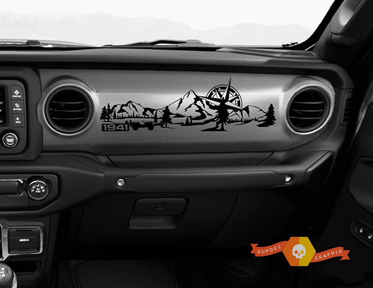 Jeep JL JLU Gladiator Wrangler Dashboard Mountain 1941 Willys met kompas scène vinyl sticker sticker

