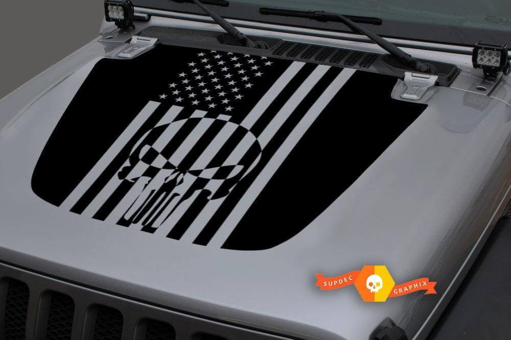 Punisher Skull USA-vlag motorkap vinylsticker voor Jeep Wrangler en Gladiator