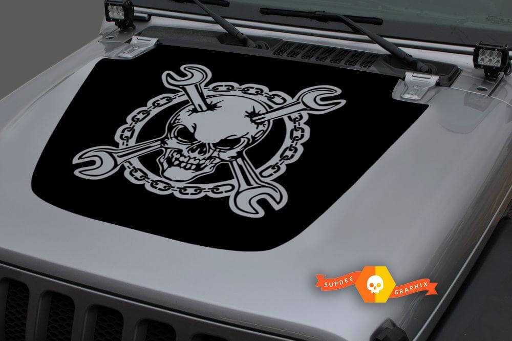 Schedel met gekruiste moersleutels ketting motorkap vinyl sticker voor Jeep Gladiator Wrangler