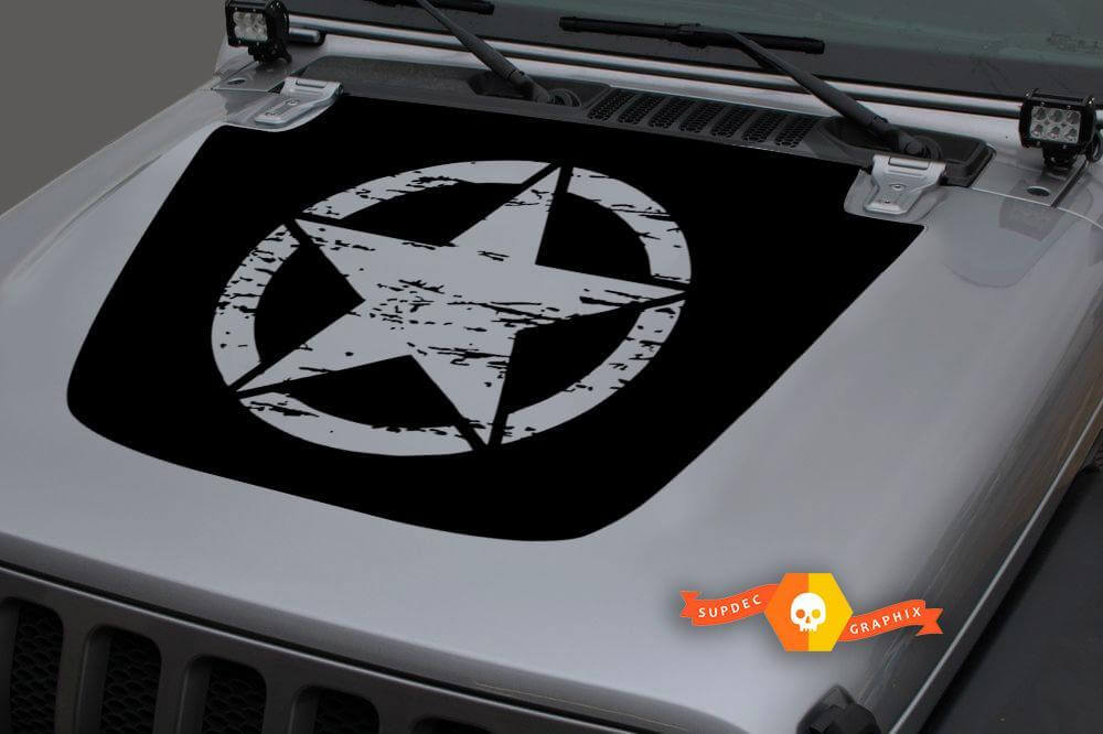 Versleten Militaire Ster Motorkap Vinyl Decal voor Jeep Wrangler & Gladiator