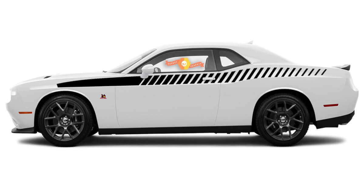 2008 en later Dodge Challenger volledige lengte stijl Bodyline Strobe Racing Stripe Kit 1
