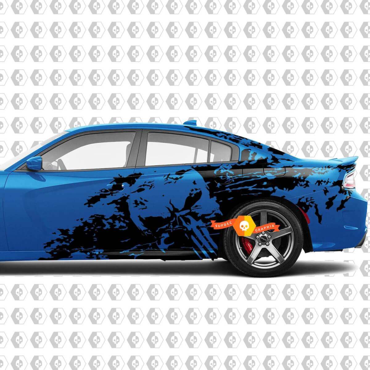 Punisher Skull Modderspatten Motorkap & Zij Vinyl Decal Set voor Dodge Challenger Charger