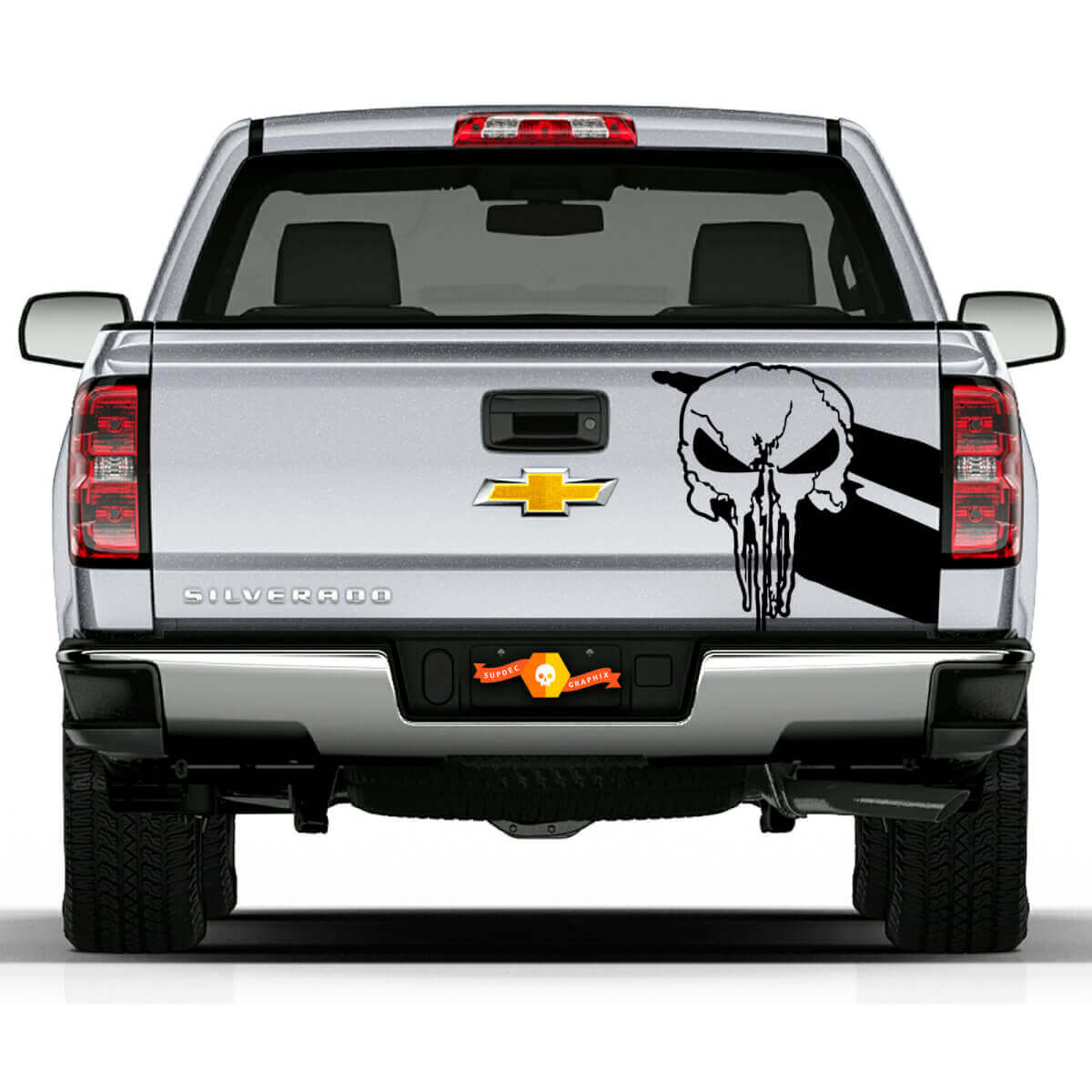 Punisher Skull Dubbele Strepen Achterklep Vinyl Sticker Decal voor Chevy Doodge Toyota Jeep Trucks