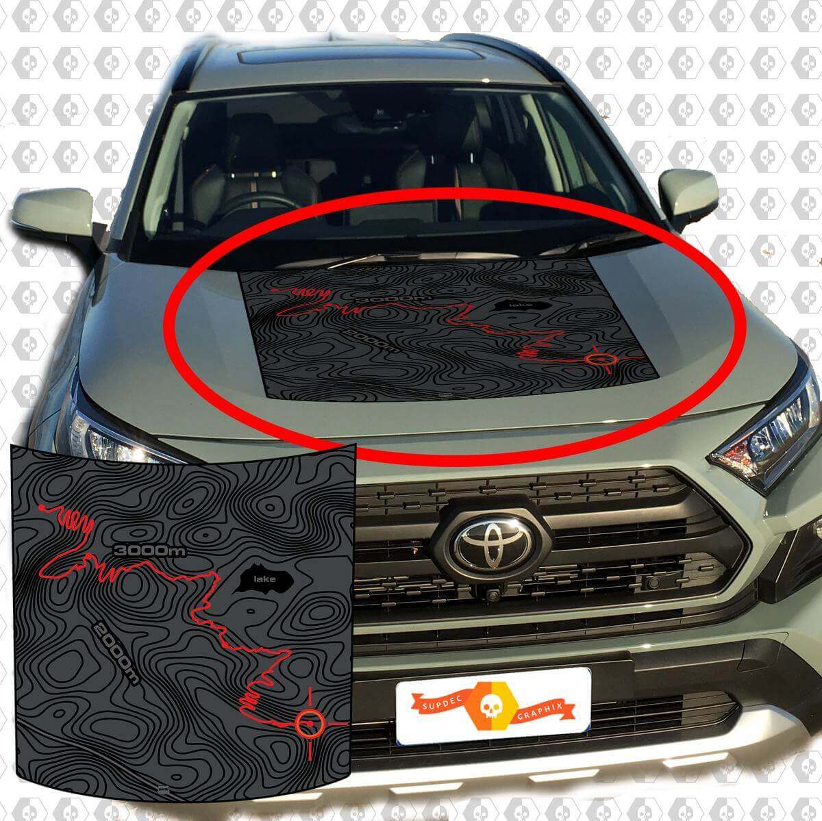 Topografische Kaart Motorkap Zwart Vinyl Sticker voor Toyota RAV4 2019