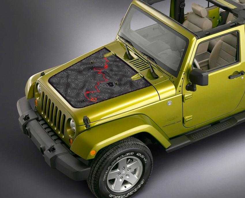 Aangepaste Jeep Wrangler Blackout Topografische kaart Adventure trip Vinyl Hood Decal TJ LJ JK JL Gladiator Unlimited
