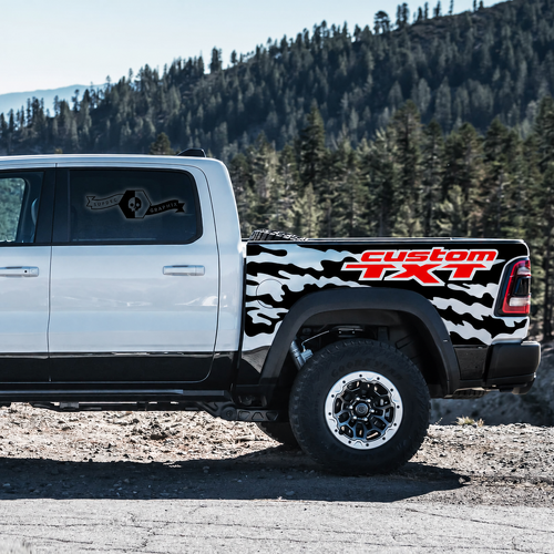 custom TXT Two Color Splatter Pair Laadbakzijde Vinylsticker voor RAM 1500 Rebel, TRX 2021-2026