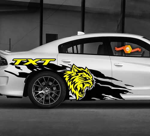 TXT Custom Cat Head Gele Spatters Paar Zij Achterspatbord Vinyl Decal Sticker voor Dodge Challenger 2009-2019
