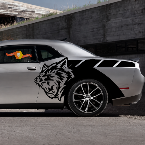 Set van twee vinyl zijstrepen in Billboard-stijl met aangepaste kattenkop voor Dodge Challenger SRT, Hellcat
