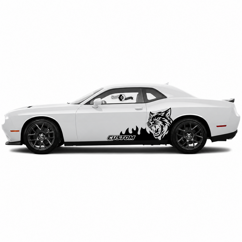 Set van twee vinyl zijstickers met vlammen en aangepaste kattenkop voor Dodge Challenger SRT, Hellcat
