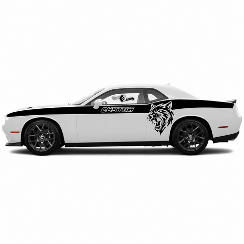 Set van twee vinylstrepen met aangepaste kattenkop voor deuren, zijkanten en spatborden van Dodge Challenger SRT, Hellcat