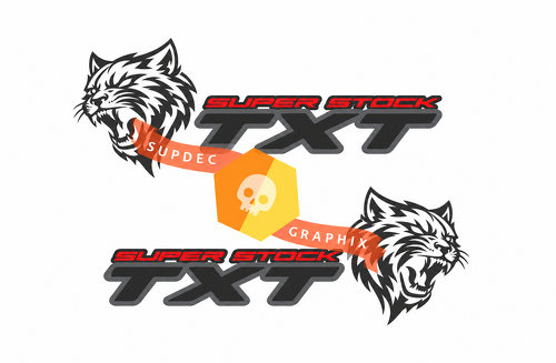 Set van twee Super Stock TXT vinyl zijstickers met aangepaste kattenkop voor Dodge Challenger SRT, Hellcat
