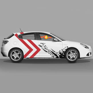 2x deuren body sticker geschikt voor Alfa Romeo Giulietta stickers vinyl graphics volledige breedte rode pijlen plus vliegende modder
