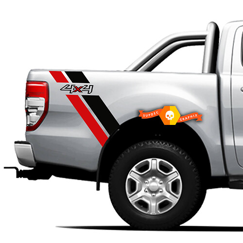 Paar vinylstickers Stickers Zijbedbanden 4x4 afbeelding voor Ford Ranger Off Road, rood-zwarte lijnen 2021
