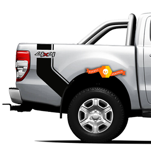 Set Vinyl Decals Stickers Zijkant bed bands 4x4 grafisch voor Ford Ranger Off Road, Gebogen Streep 2021
