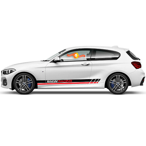 Paar vinyl stickers grafische stickers aan de zijkant voor BMW 1 Serie 2015 met de inscriptie BMW Racing.
