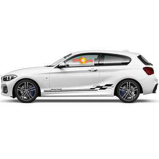 2 x vinylstickers grafische stickers zijkant BMW 1-serie 2015 deur geruite vlag racestrepen
