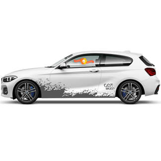 2 x vinylstickers grafische stickers zijkant BMW 1-serie 2015 tekening vliegende modder nieuw
