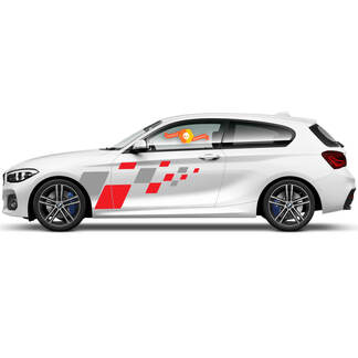 2 x vinylstickers grafische stickers zijkant BMW 1-serie 2015 deurtekening geblokte vlag
