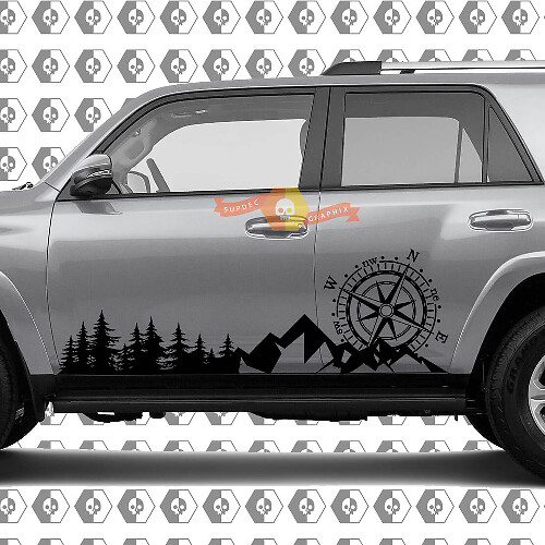 Zijbomen Bergen en Enorme Kompas Zij Vinyl Sticker Decal passend voor Toyota 4Runner 13-22 TRD Vijfde generatie
