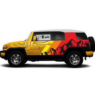 Nieuw paar Toyota FJ Cruiser Zijdeuren Vintage Sunset Colors Style Big Mountains Contour Map Stripe Decal Truck Wrap
