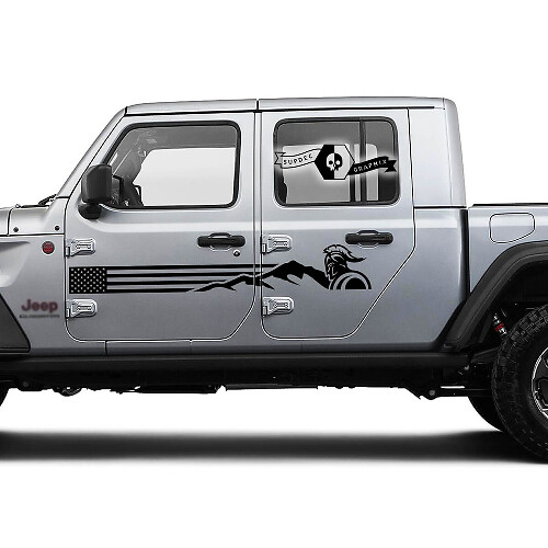 Paar Jeep Gladiator Deuren VS Vlag Bergen Gladiator Logo Vinyl Graphics Decal Sticker
