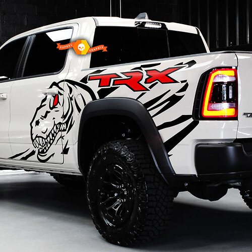 Paar Dodge Ram Rebel TRX 2022+ 2 kleuren Side 1500 TRX Splash Bed Dinosaurs T-Rex TRX Truck Vinyl Decal Graphic