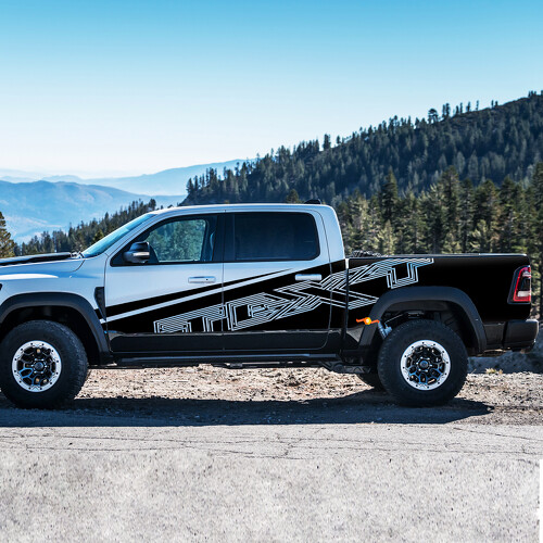 TEXT Interlocking Outline Side Stripe Pair Zijkant Vinylsticker voor RAM 1500 Rebel, TRX
