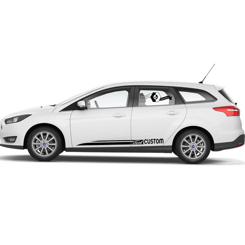 Tekst en CUSTOM Retro Zij- en Rocker Strepen Vinyl Decal Paar voor Ford Focus
