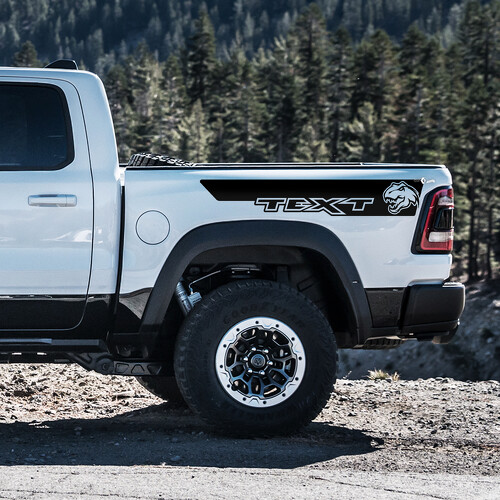 T-Rex Head Stripe Aangepaste Tekst Bedside Vinyl Decal Sticker voor RAM 1500 Rebel, TRX 2019-2026