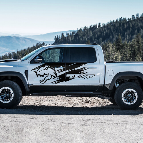 T-Rex Head Grunge Aangepaste Tekst Zijdeur Vinyl Decal Sticker voor RAM 1500 Rebel, TRX 2019-2026