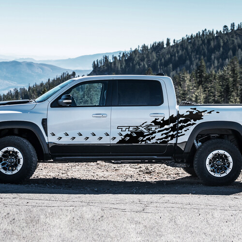 T-Rex Voetafdrukken Splash Aangepaste Tekst Zijbed Sidedeur Vinyl Decal Sticker voor RAM 1500 Rebel, TRX 2019-2026