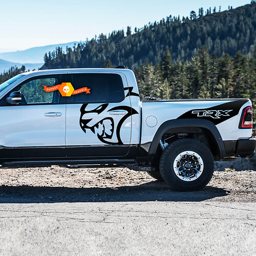 Paar Dodge Ram TRX Hellcat 2021+ Splash Ram Head Doors Bed Logo Truck Vinyl Sticker Decal bed Graphic
