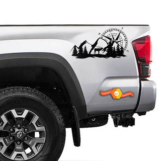 Paar Wild Compass Mountains Forest Bed Side Vinyl Stickers Decal Kit voor elke Toyota Truck
