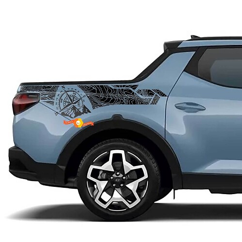 2x Topografische kaart editie BedSide Side Vinyl Stickers Decal passen op Hyundai Santa Cruz
