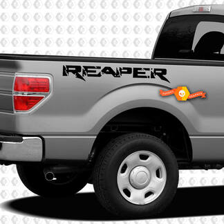2x Ford F-150 Raptor Reaper Bed grafische sticker met vinyl strepen aan de zijkant

