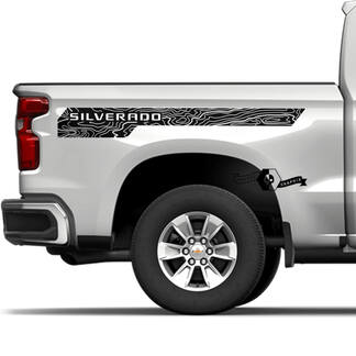 Paar Chevrolet Silverado 2022+ 2023 topografische kaart zijkant bed logo streep vinyl sticker
