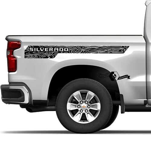 Paar Chevrolet Silverado 2022+ 2023 Topografische Kaart Zijbed Logo Streep Vinyl Sticker met Decal
